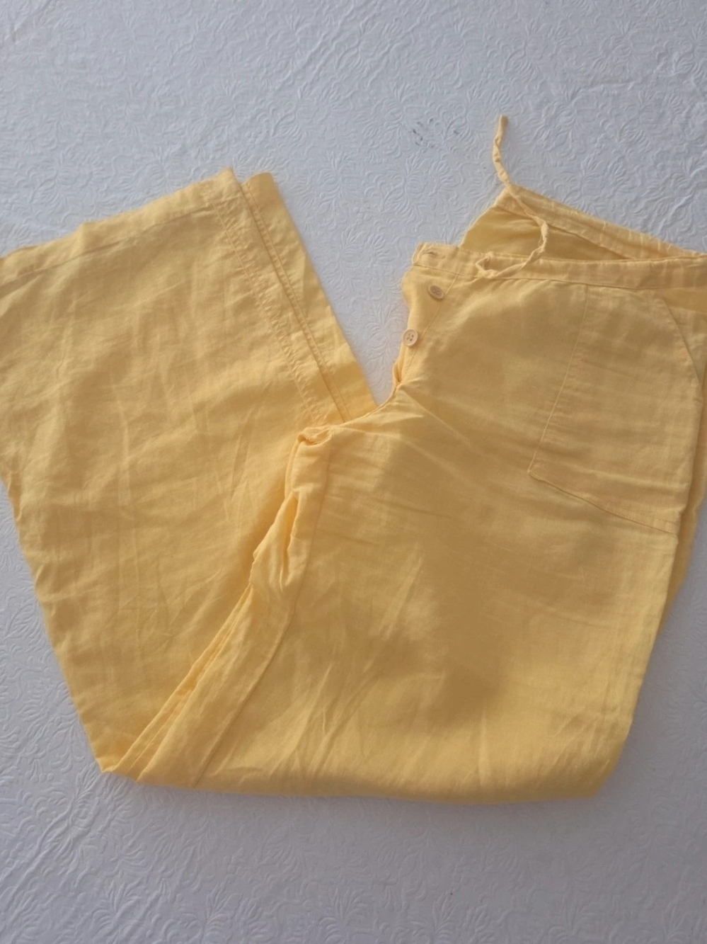 Derek Heart Yellow Linen/Cotton Drawstring Button Up Wide Pants